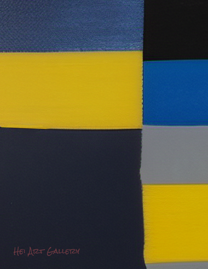 Abstract art piece with geometric shapes in blue, yellow, and gray on a black background.