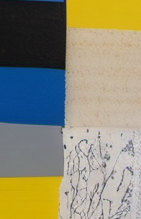 Abstract art piece with geometric shapes and a black and white figure on a beige background