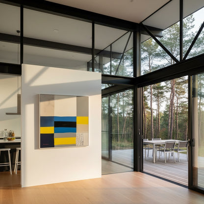 Modern interior with a abstract painting on a white wall and large glass windows overlooking trees.