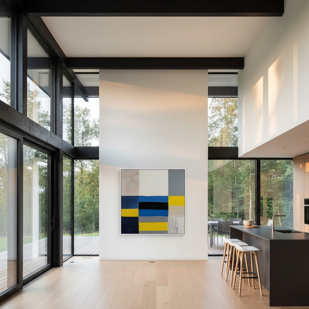 Modern kitchen with large windows, abstract painting, and stools.