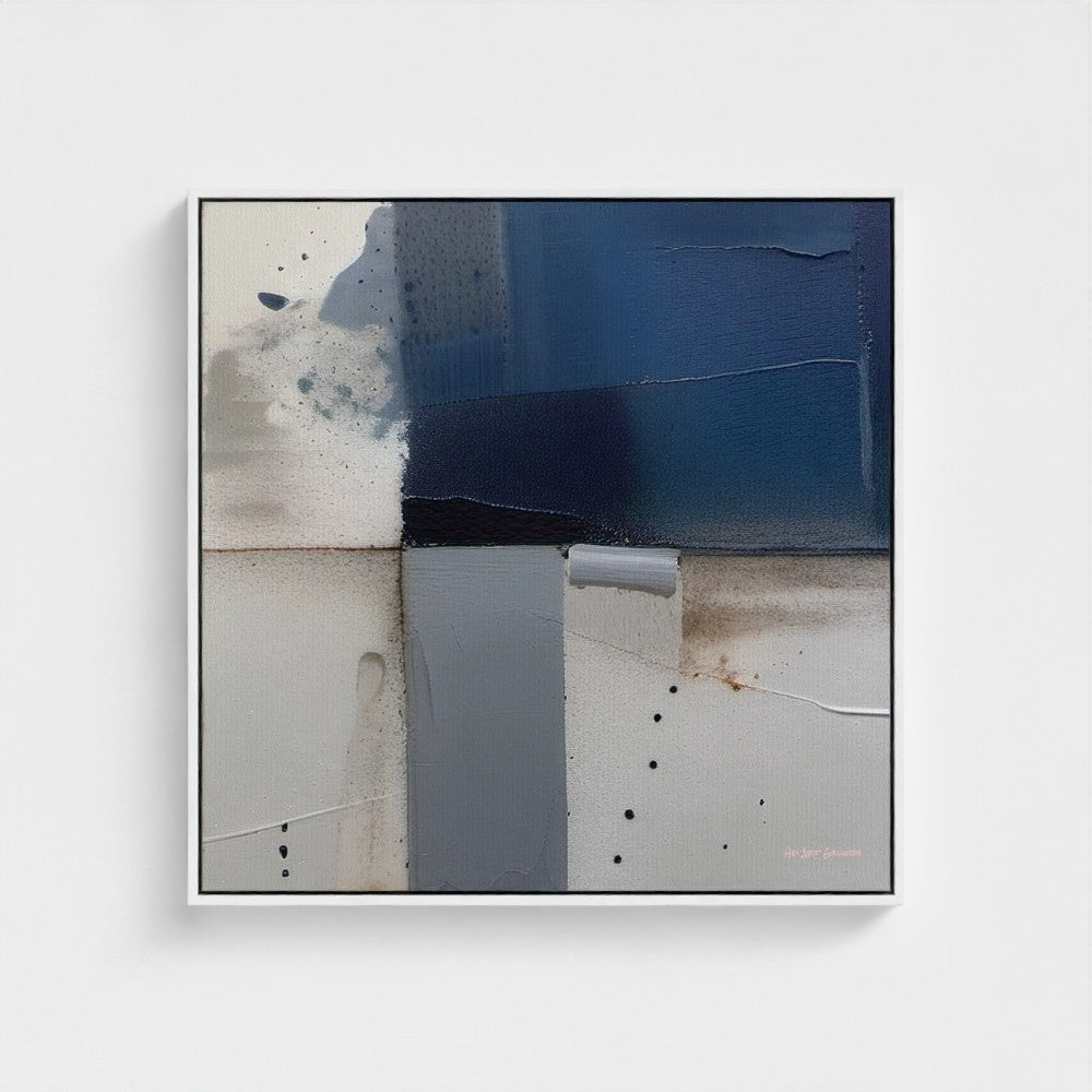 Abstract art piece with blue, gray, and beige colors on a white background