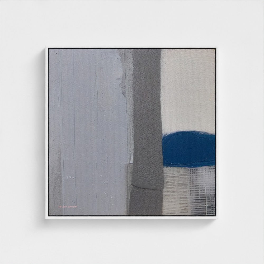 Abstract art piece with horizontal stripes of gray, white, and blue on a light gray background