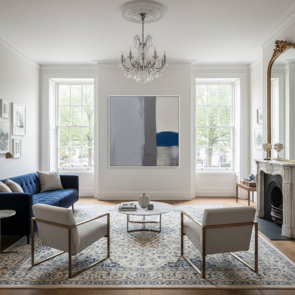 Living room with blue sofa, white chairs, and a chandelier.