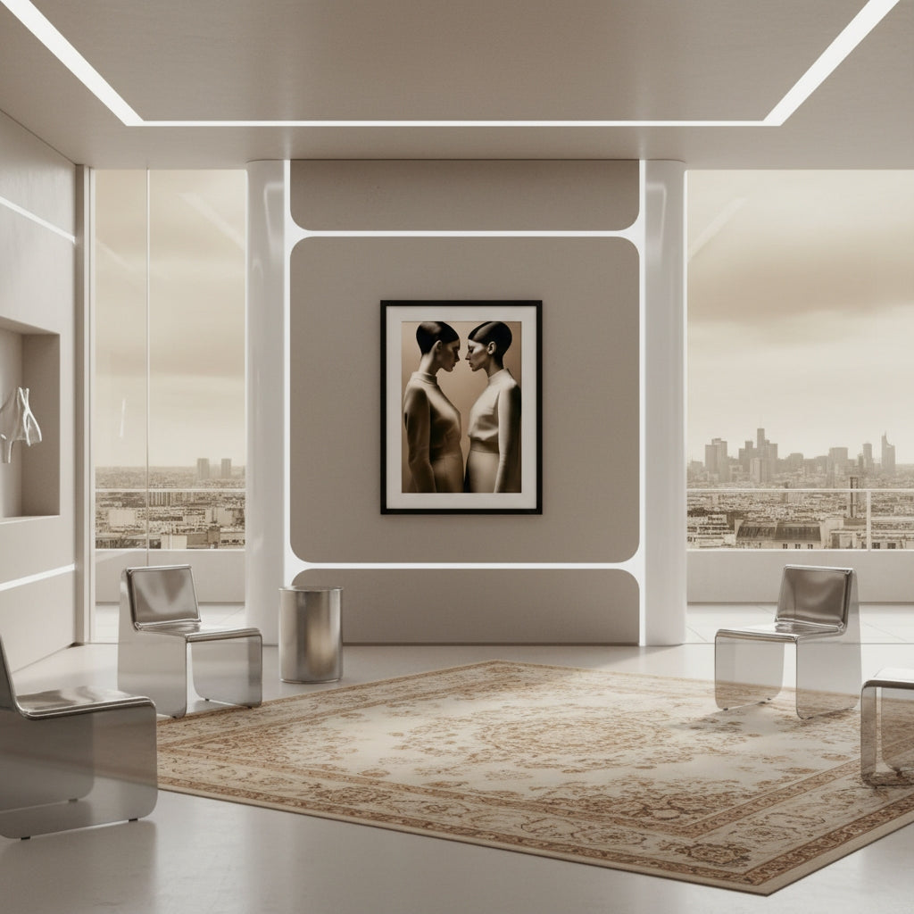 Modern interior with a framed artwork on the wall, chairs, and a cityscape view.