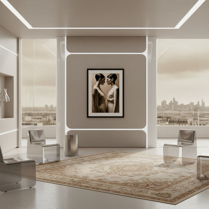 Modern interior with a framed artwork on the wall, chairs, and a cityscape view.