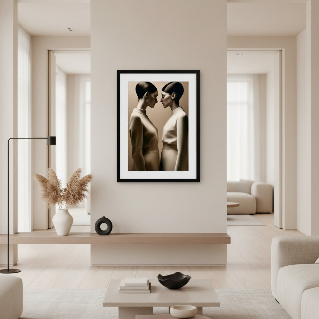 Framed artwork of two people in a modern living room setting
