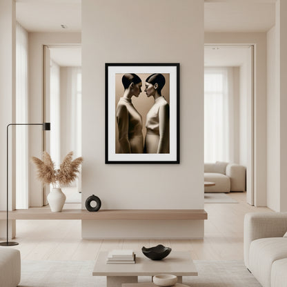 Framed artwork of two people in a modern living room setting
