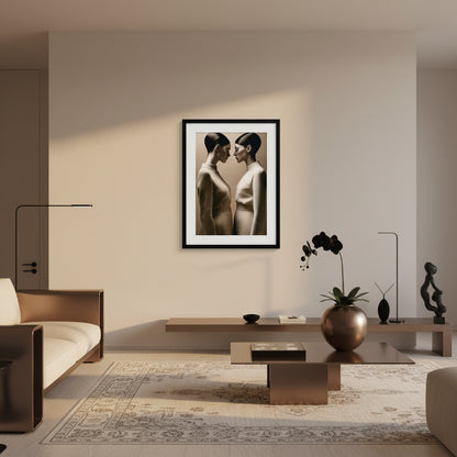 Modern living room with a framed artwork on the wall, a coffee table with decorative items, and a rug.