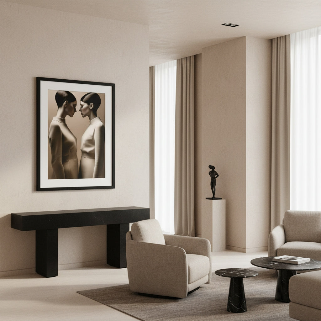 Modern living room with neutral tones, furniture, and a framed artwork on the wall.