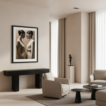 Modern living room with neutral tones, furniture, and a framed artwork on the wall.