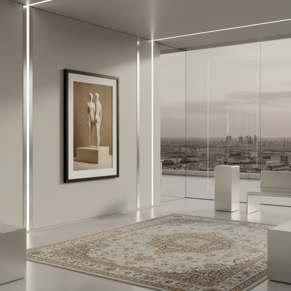 Modern interior with a framed artwork of two statues on a wall.