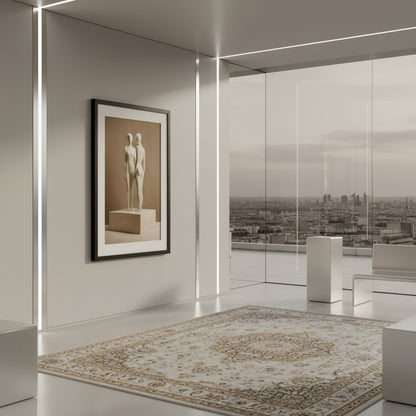 Modern interior with a framed artwork of two statues on a wall.