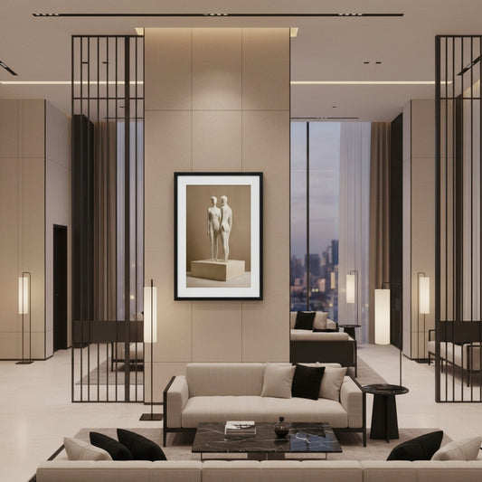 Modern living room with beige walls, furniture, and decor.