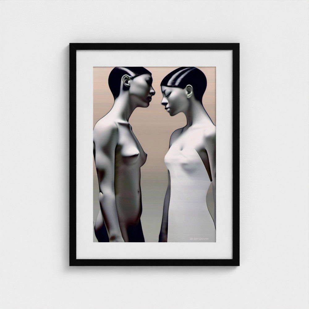 Framed artwork of two abstract human figures facing each other on a plain background