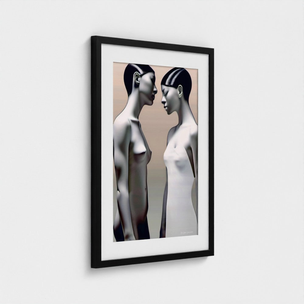 Framed artwork of two abstract human figures against a plain background