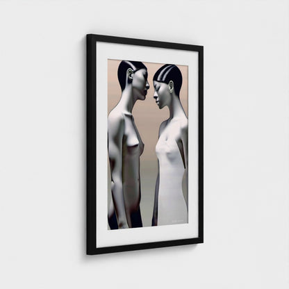 Framed artwork of two abstract human figures against a plain background