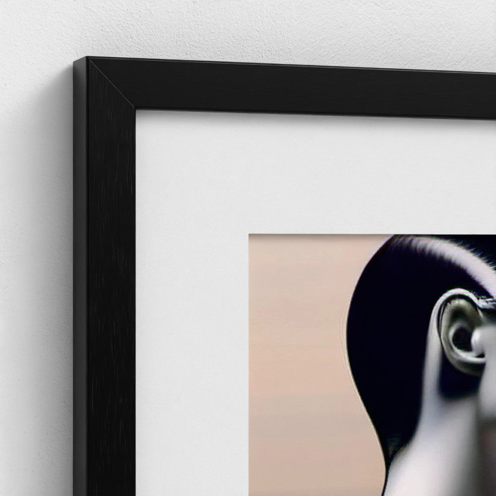 Framed artwork of a person's ear with a black frame on a white wall.
