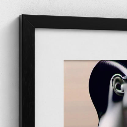 Framed artwork of a person's ear with a black frame on a white wall.