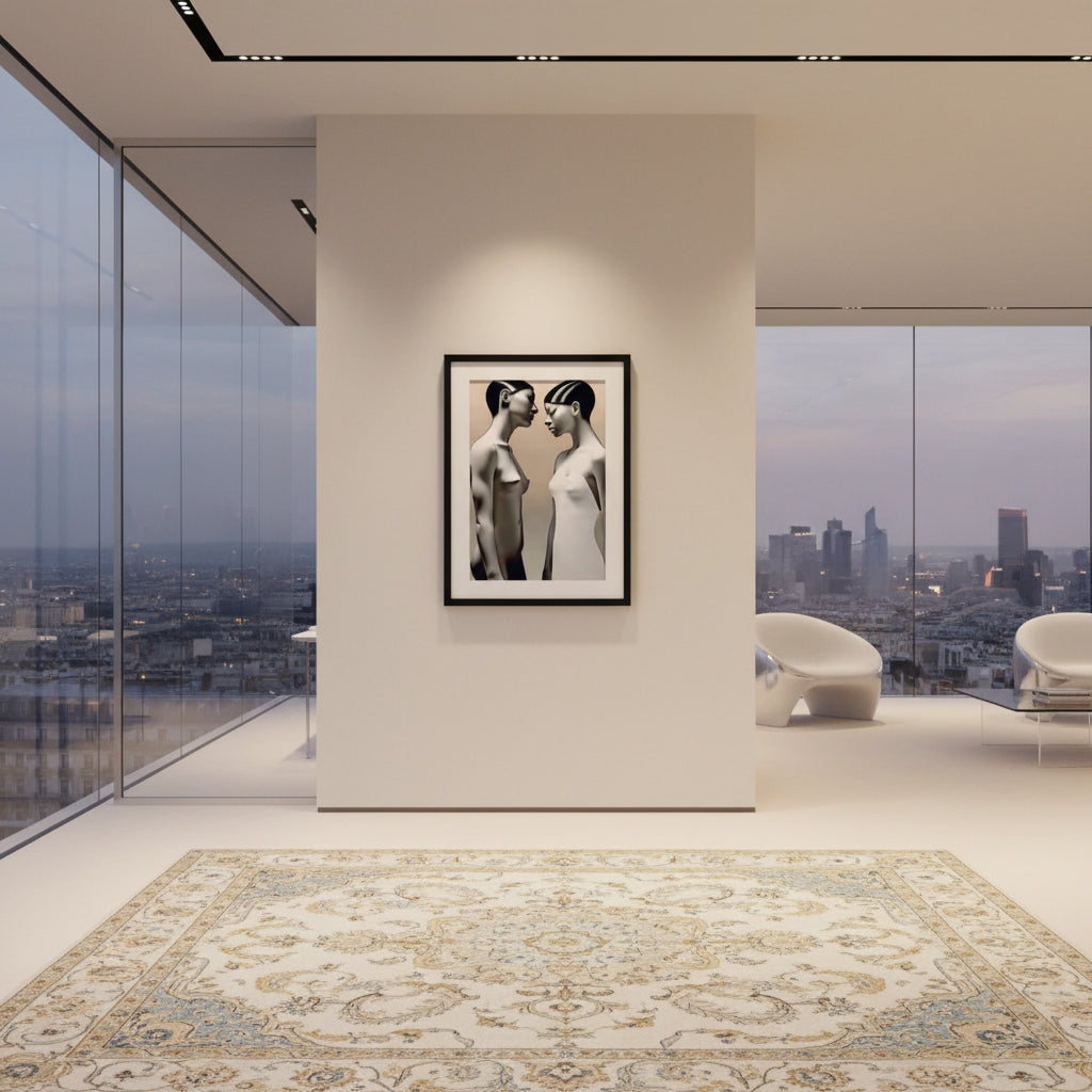 Modern interior with a framed artwork on a wall, cityscape view through large windows, and patterned rug.