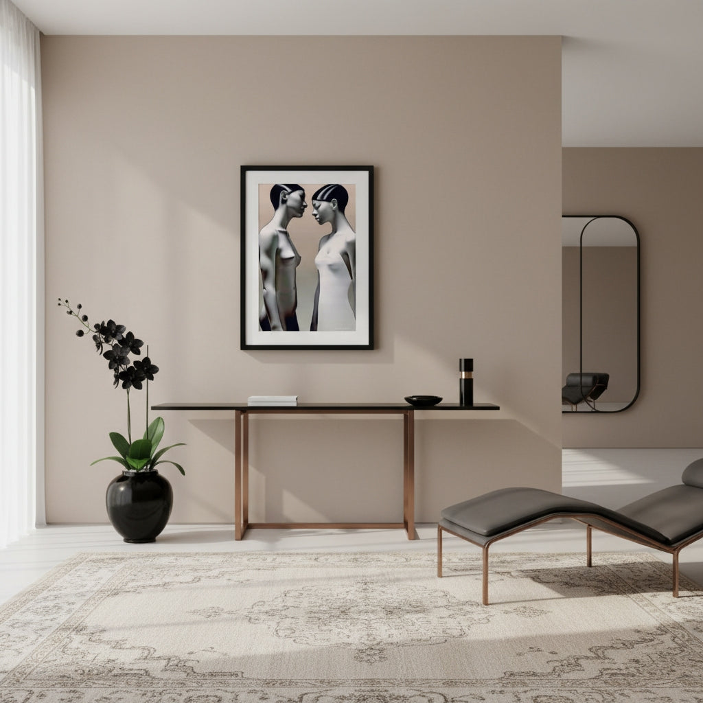 Modern interior with a table, plant, and artwork on a beige wall.