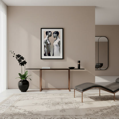 Modern interior with a table, plant, and artwork on a beige wall.