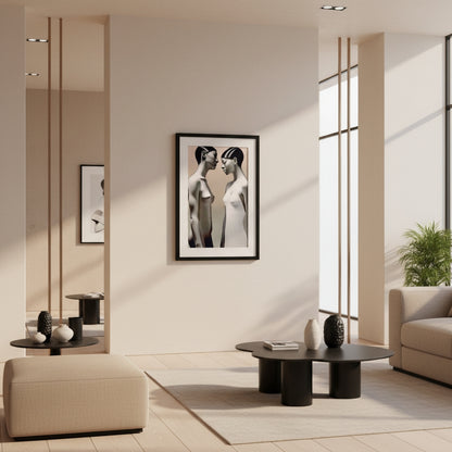 Modern living room with a black and white framed artwork on the wall.