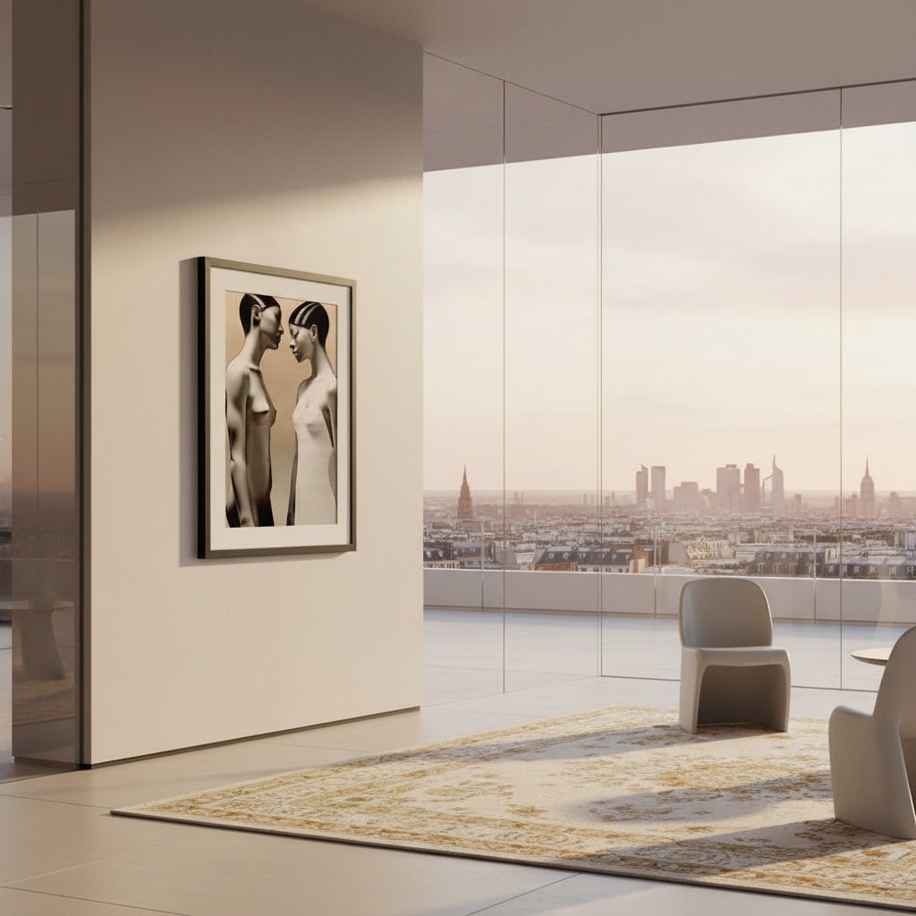 Modern office interior with a cityscape view and framed artwork on the wall.