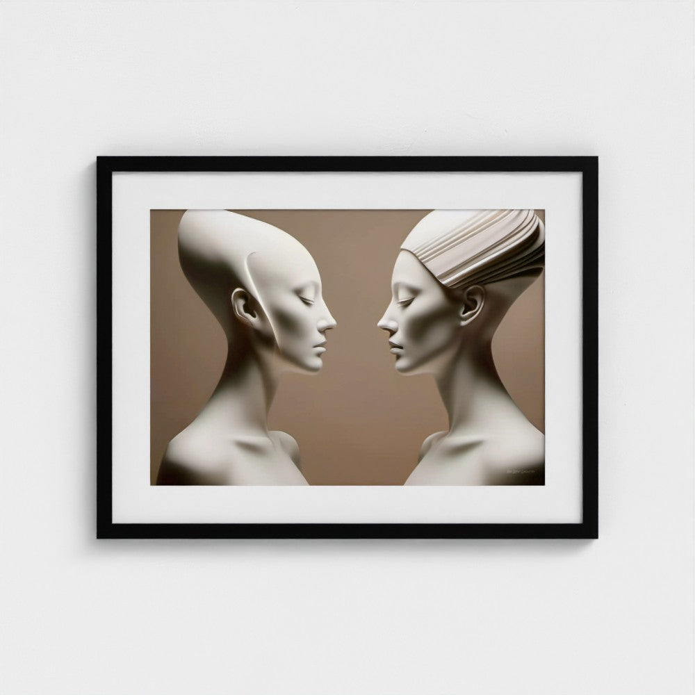 Framed artwork of two mannequin heads facing each other on a beige background