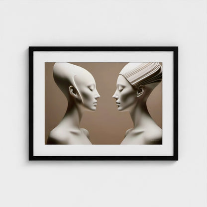 Framed artwork of two mannequin heads facing each other on a beige background
