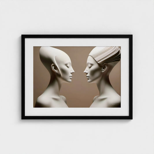 Framed artwork of two mannequin heads facing each other on a beige background