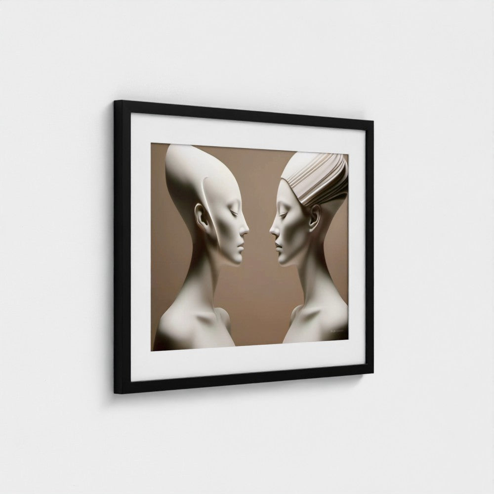 Framed artwork of two abstract human figures facing each other on a beige background