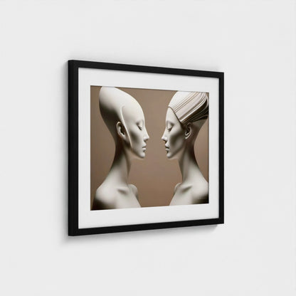 Framed artwork of two abstract human figures facing each other on a beige background