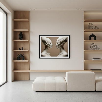 Modern living room with a framed artwork of two faces on a wall between wooden shelves.
