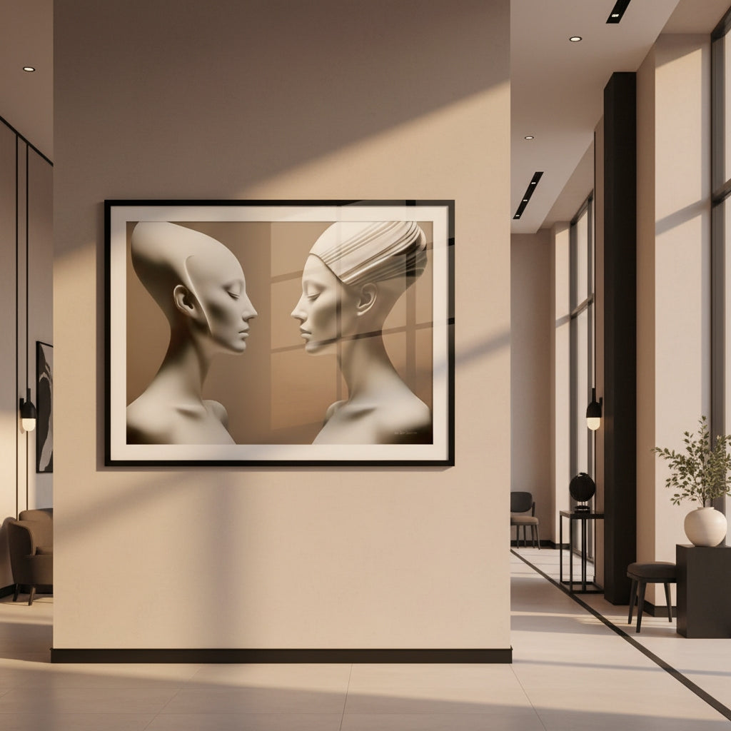 Framed artwork of two abstract human heads on a wall in a modern interior setting.