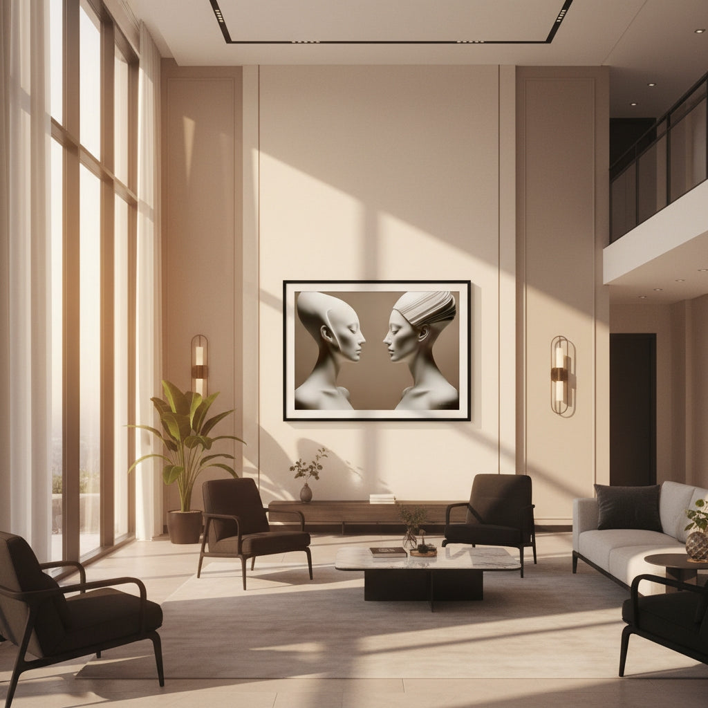 Modern living room with a large abstract painting on the wall