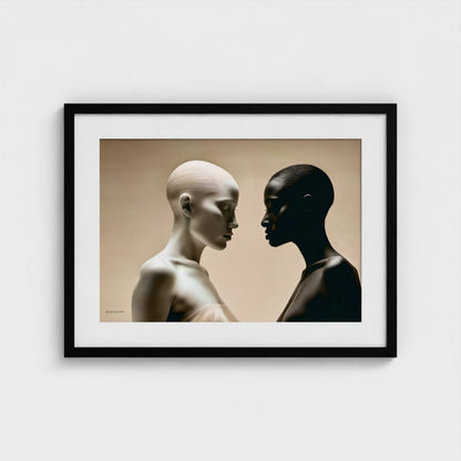 Framed artwork of two abstract human figures facing each other on a beige background