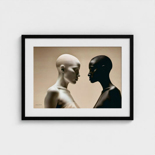 Framed artwork of two abstract human figures facing each other on a beige background