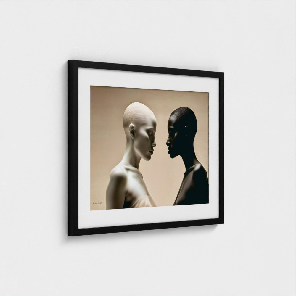 Framed artwork of two mannequins facing each other on a beige background