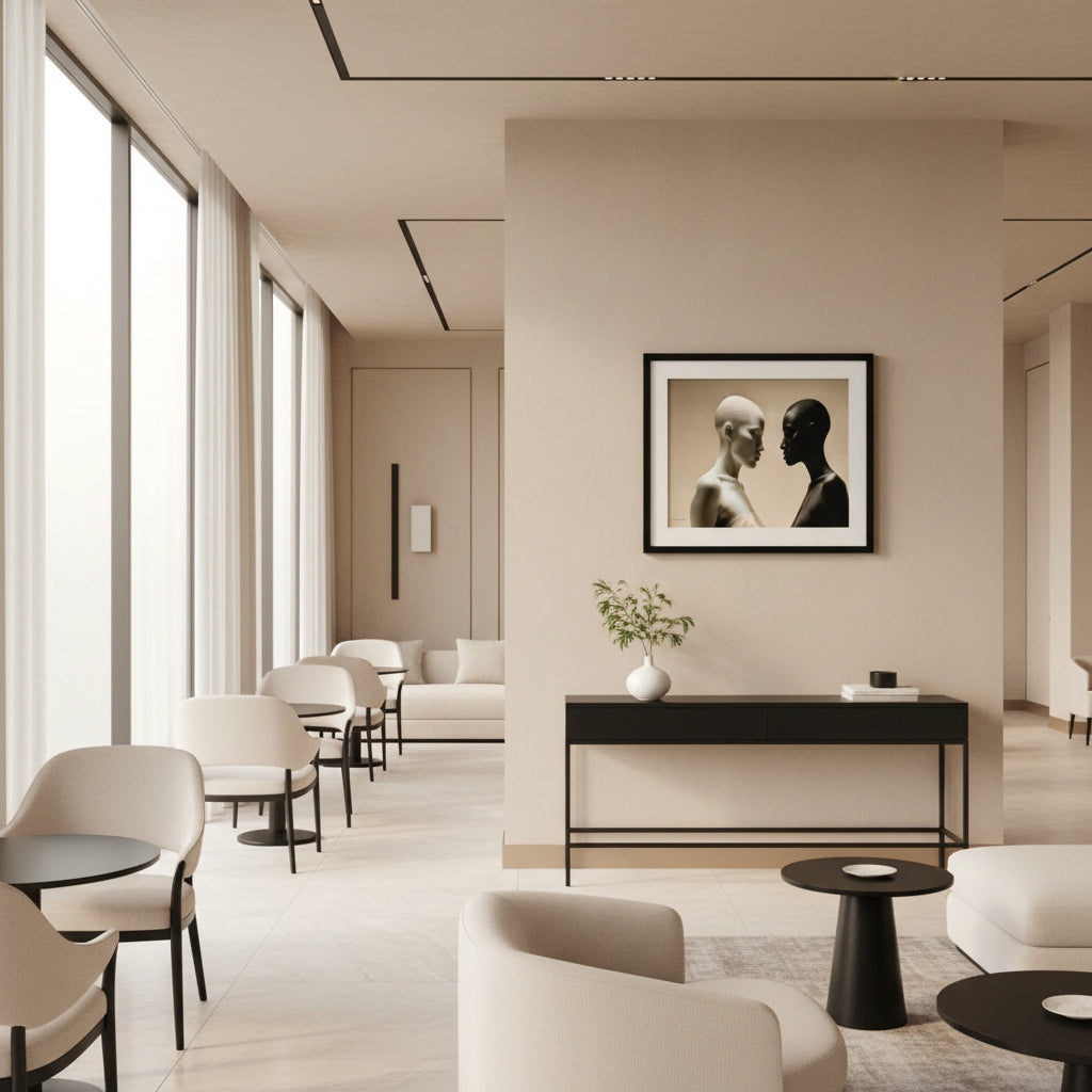 Modern interior of a living room with neutral tones and a stylish decor.