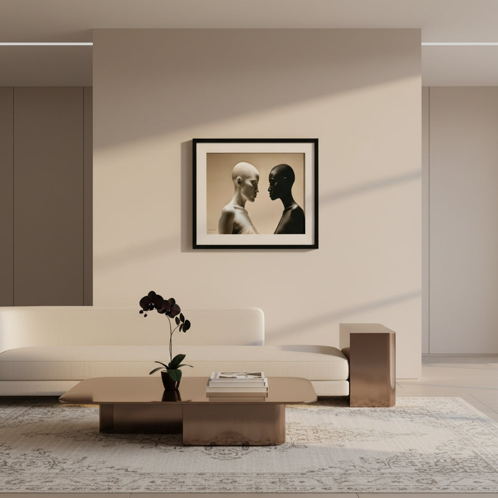 Modern living room with a framed artwork on the wall, a white sofa, and a coffee table.
