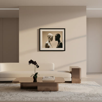 Modern living room with a framed artwork on the wall, a white sofa, and a coffee table.
