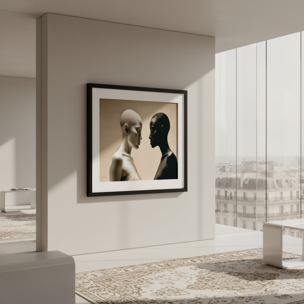 Framed artwork of two abstract figures in a modern room with large windows.