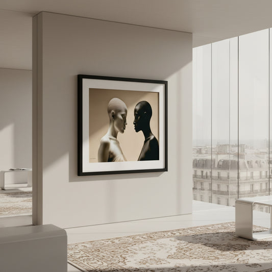 Framed artwork of two abstract figures in a modern room with large windows.