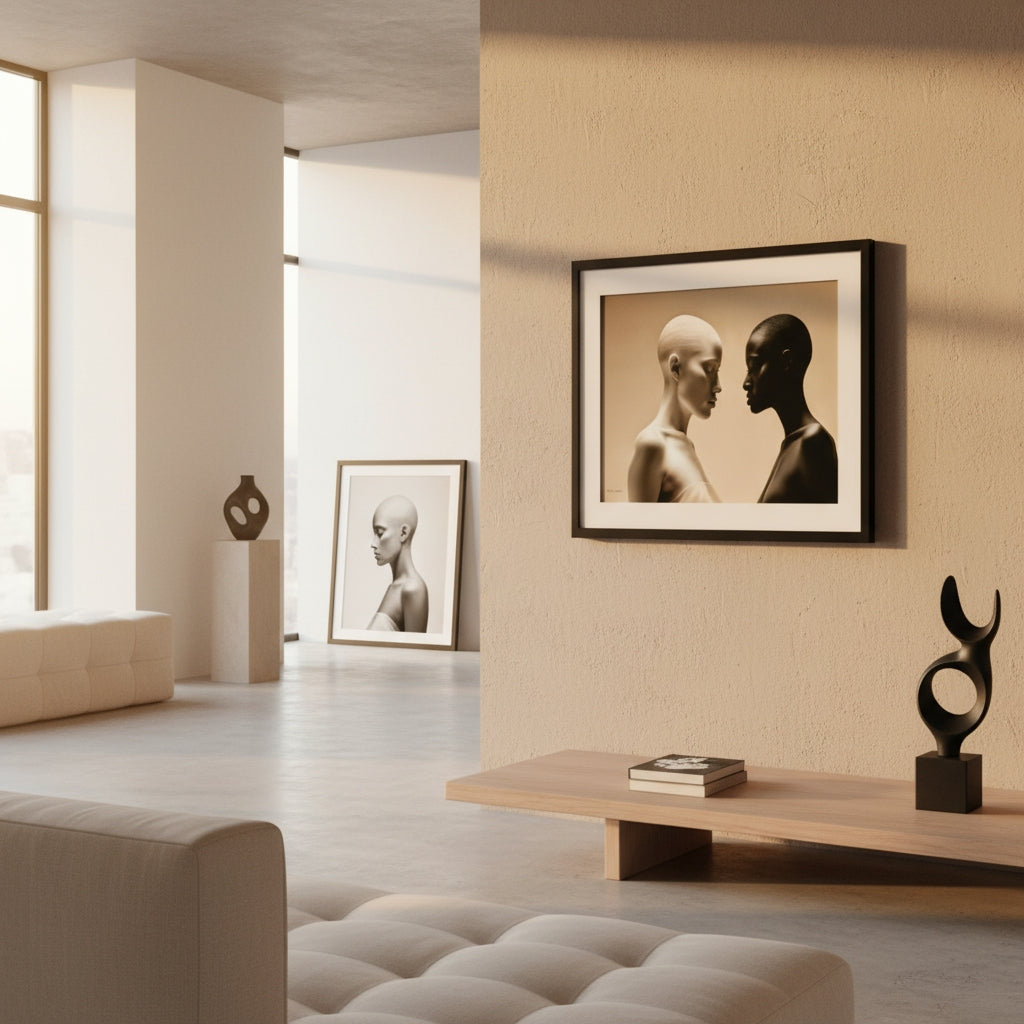 Modern living room with framed artwork and sculptures