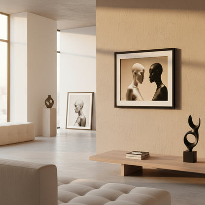 Modern living room with framed artwork and sculptures