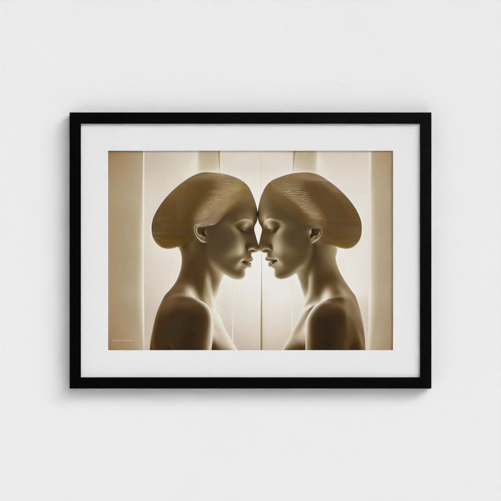 Framed artwork of two abstract human figures facing each other on a white background