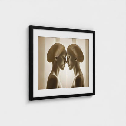 Framed artwork of two abstract figures facing each other on a white wall.