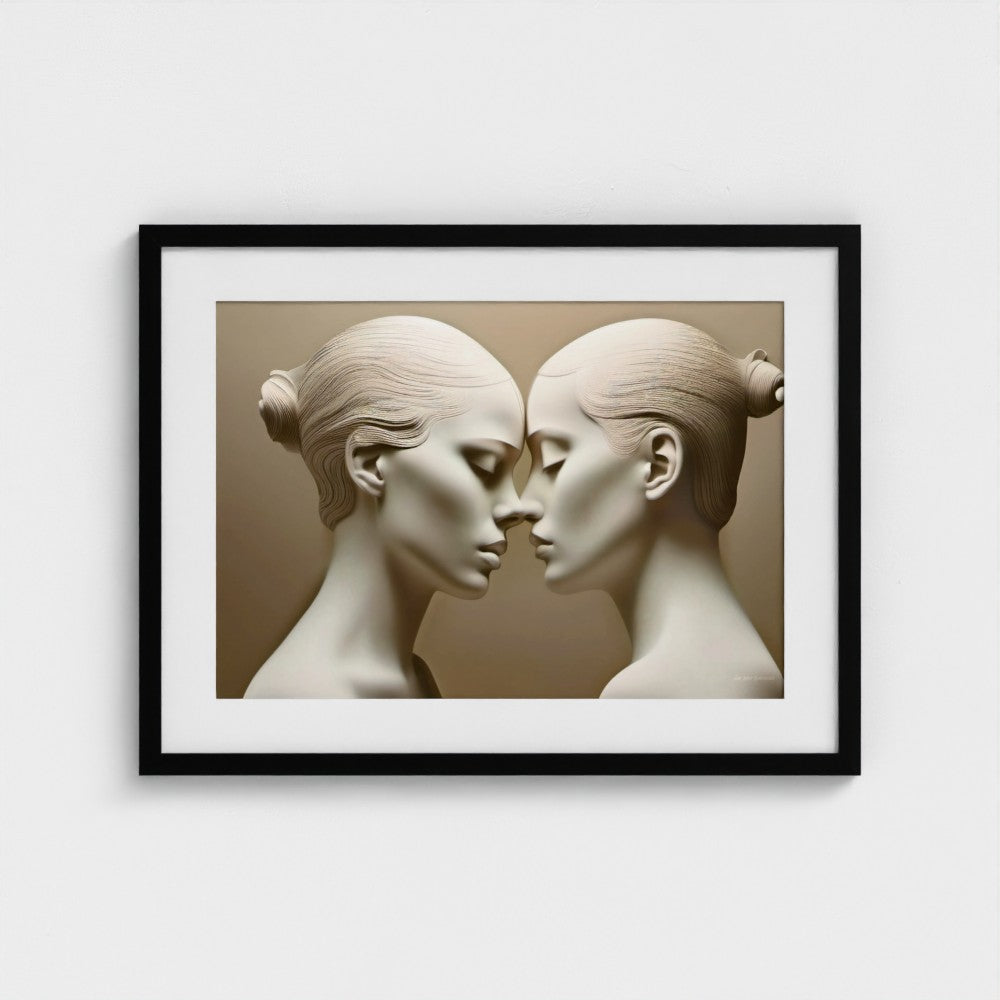 Framed artwork of two stylized female faces against a beige background
