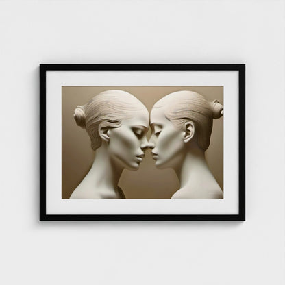 Framed artwork of two stylized female faces against a beige background