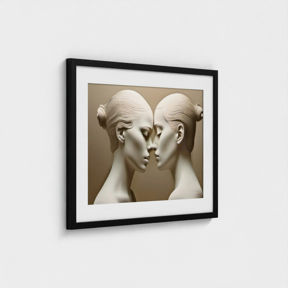 Framed artwork of two stylized faces on a beige background